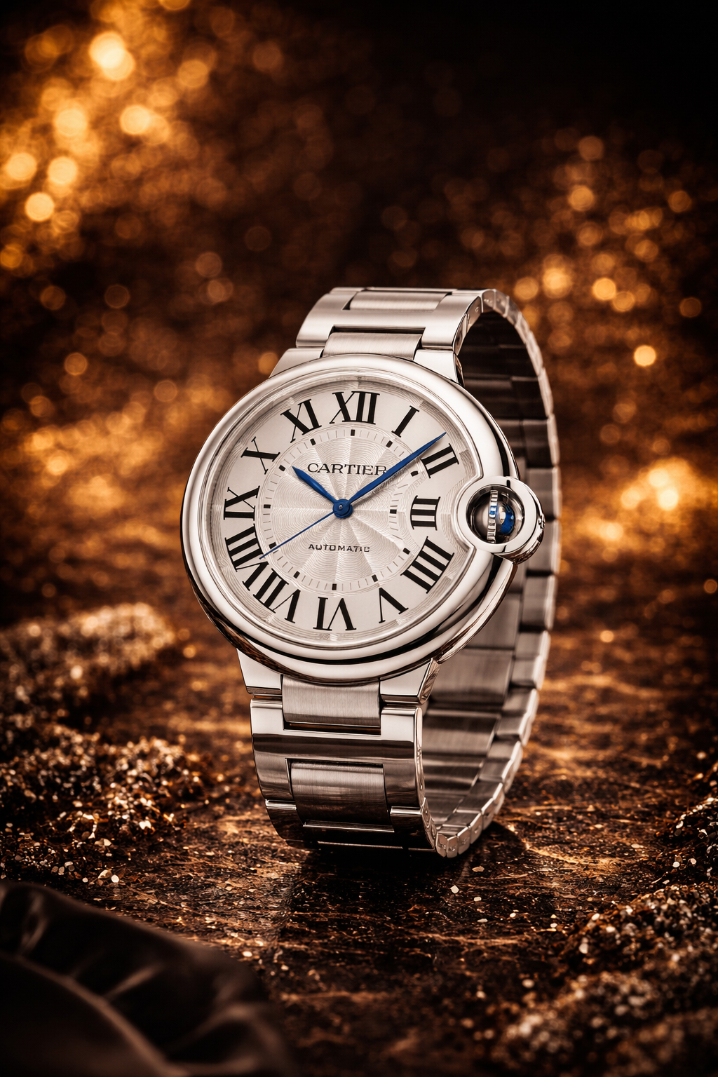 Ballon Bleu de Cartier automatic watch on golden glitter background